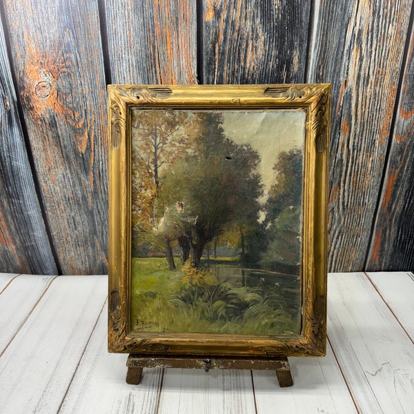 Vintage French Oil Painting Landscape- Stencil on Back- Hand Painted Gold Framed Original Artwork