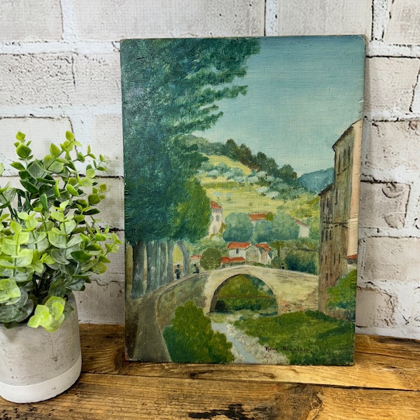 Vintage French Painting on Hardboard- Landscape with Village and Bridge- Hand Painted Signed Original Artwork