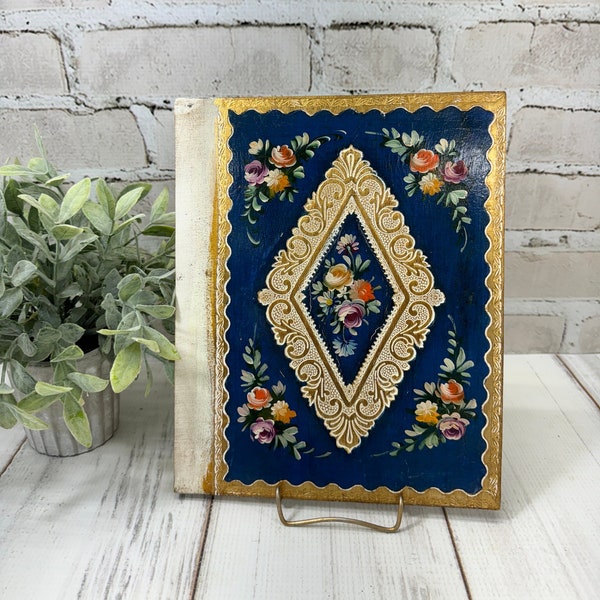 Florentine Plaque from Italy- Wooden Book Cover Hand Painted with Flowers- Gold Trim
