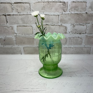 Green Opalescent Glass Vase with Fluted Top- Flower Vase- Window Decor- Barrel Shaped