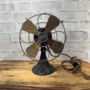 Vintage Arctic Fan- Small Sized- Cast Metal Art Deco Base- Black Electric Fan- Working- Industrial Fan with Cage- Table Fan