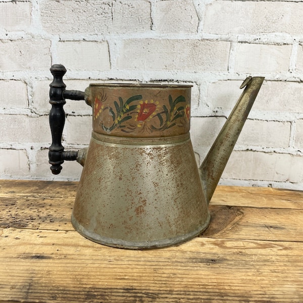 Antique Tin Kettle with Wooden Handle- Tole Painted Trim- Long Spout with Flap Closure