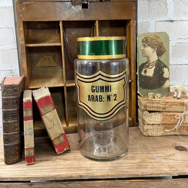 Antique French Apothecary Bottle with Lid and Gold Label- Large Glass Jar from the 1800's Druggist