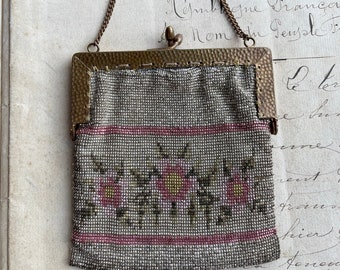 Antique Beaded Purse, Silver Micro Beads with Pink Florals, Brass Frame, Chain Handle