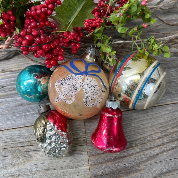 Antique Glass Ornaments- Mercury Glass- Merry Christmas Holiday Tree Delicate with Bright Colors