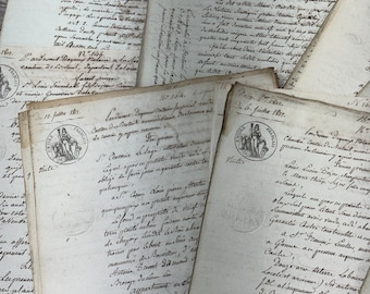 French Papers- Early 1800&#39;s with Seal- 2 Page Documents (3) Script Writing Paper Ephemera Writing Mixed Media- Antique Handwriting