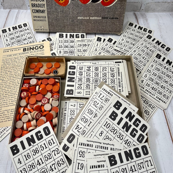 Bingo Game with Cards and Wooden Number Tokens- Classic Games- Milton Bradley