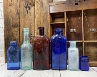 Antique Bottles- Seafoam Clear- Cobalt Blue- Brown- Vintage Bottle Lot (6) Old Bottles- Free Domestic Shipping