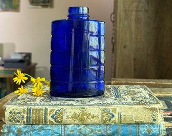 Vintage Cobalt Blue Bottle- Ribbed Blue Glass Bottle- Bourjois Evening in Paris Talcum Powder Bottle