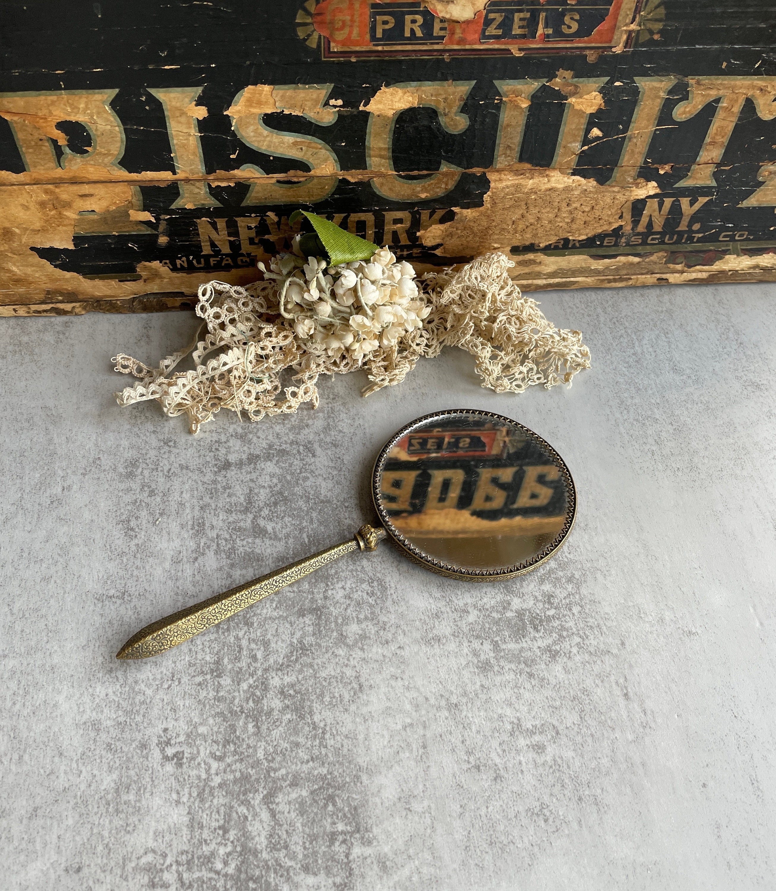 Vintage Mirror- French with Brass Trim- Magnified Beveled Two Sided Hand Mirror