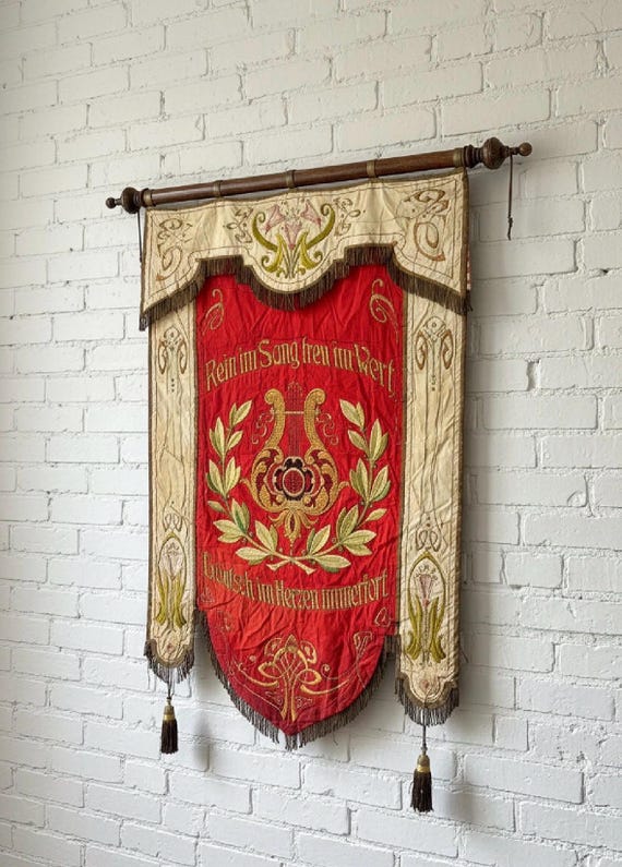 Antique German Banner 1910- Wiesbaden Choir Flag Embroidered Silk