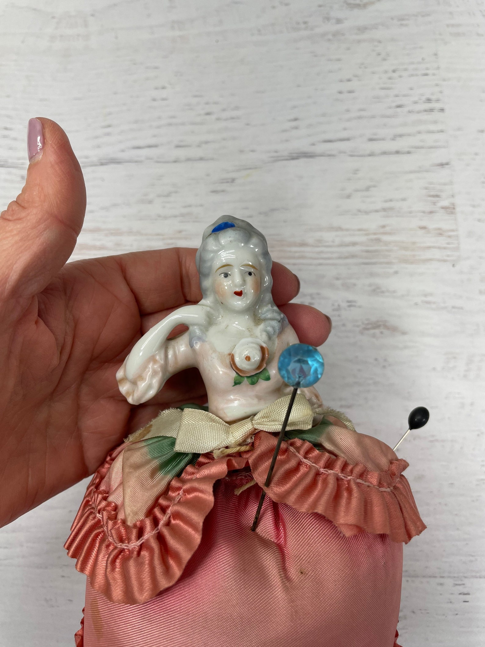 Antique Pin Cushion Doll Porcelain Half Doll Pink With Etsy