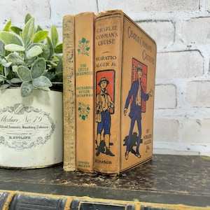May include: A collection of vintage books with aged covers. The titles include "Charlie Codman's Cruise" and "The Little Locksmith." The books are displayed with a decorative plant in a tin container. The container has text that reads "Mixture No. 79."