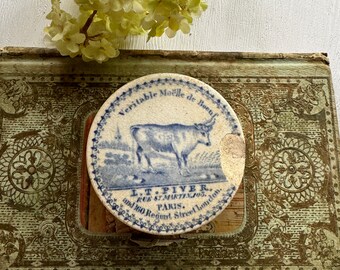 French Antique Pot- Blue and White- Real Beef Marrow- Transferware- Collectible Ironstone