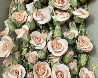Antique (1) French Millinery Flower Stem- Textured Peach Rose Corsage, Buds and Greenery- Early 1900's