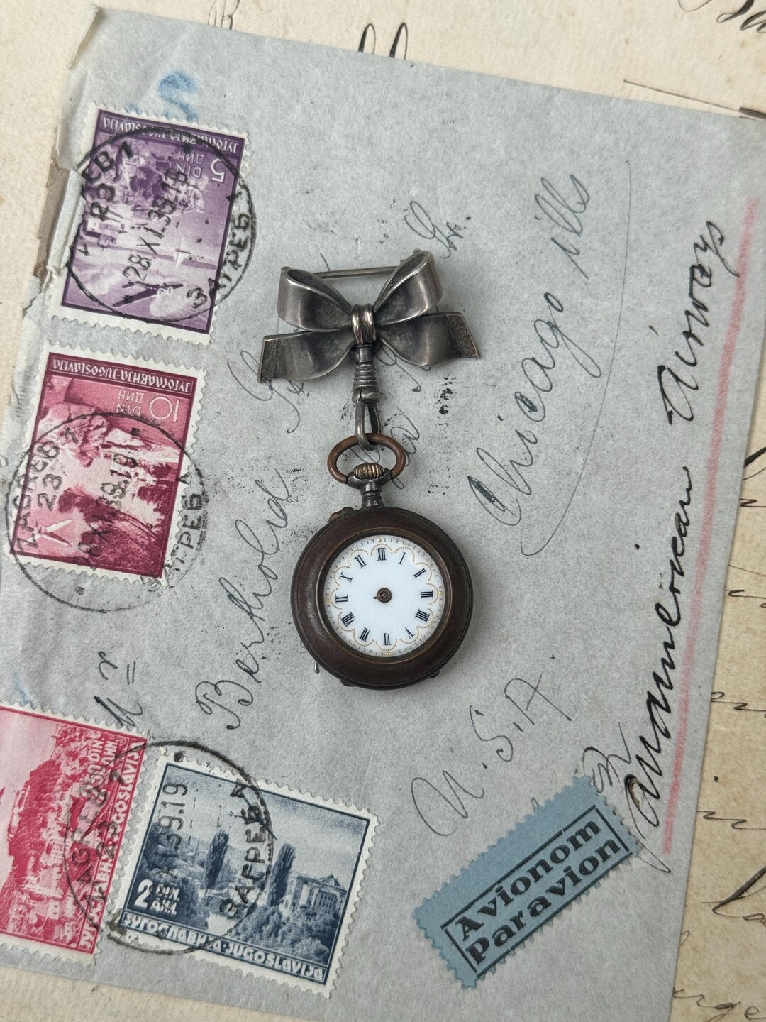 Antique Watch Pin Brooch- Silver Bow With Dangling Pocket Watch, Early ...