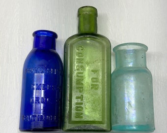 Antique Bottles- Consumption- Seafoam Cobalt Blue Bromo Seltzer- Vintage Bottle Lot (3) Instant Collection