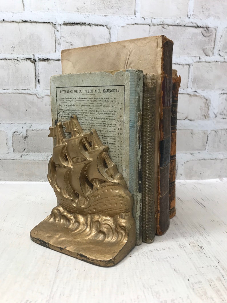 Vintage Ship BOOKENDS Gold Patina Bookends Library Decor Etsy