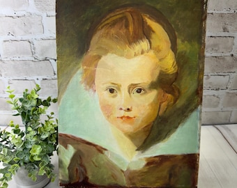 ヴィンテージ風の子供の肖像画、フランス製キャンバス油絵、オリジナル