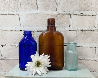 Antique Bottles- Blue Brown and Seafoam Green Glass Bottles- Vintage Bottles (3) Instant Collection Bottle Lot