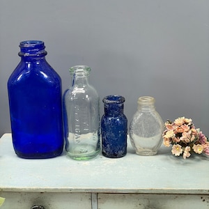 Cobalt Blue Glass Bottles- Mexican Mustang- Bromo Seltzer- Clear Deep Blue Color Farmhouse Decor