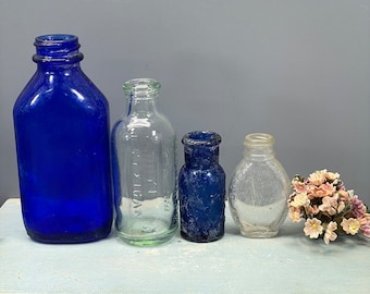 Cobalt Blue Glass Bottles- Mexican Mustang- Bromo Seltzer- Clear Deep Blue Color Farmhouse Decor