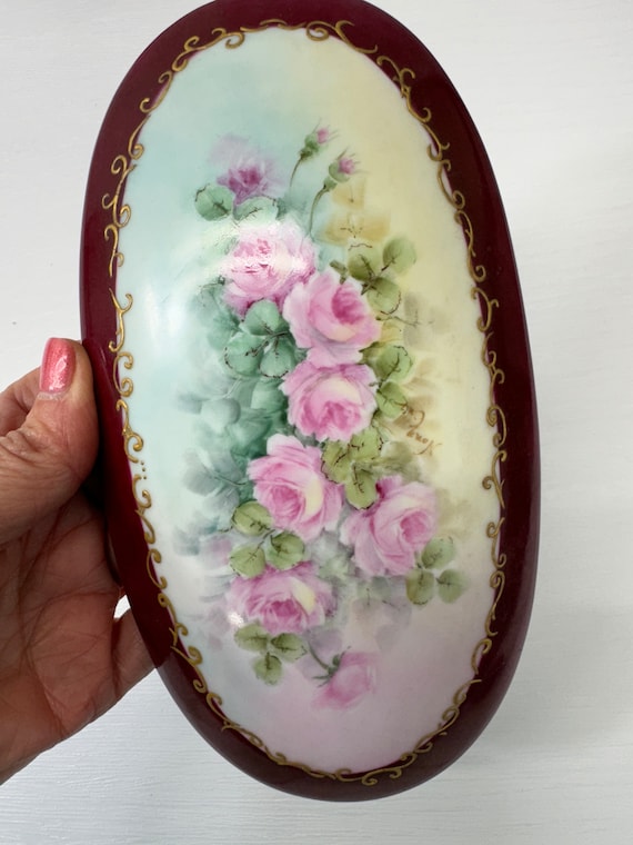Antique Hand Painted Footed Oval Dish with Lid Sh… - image 2