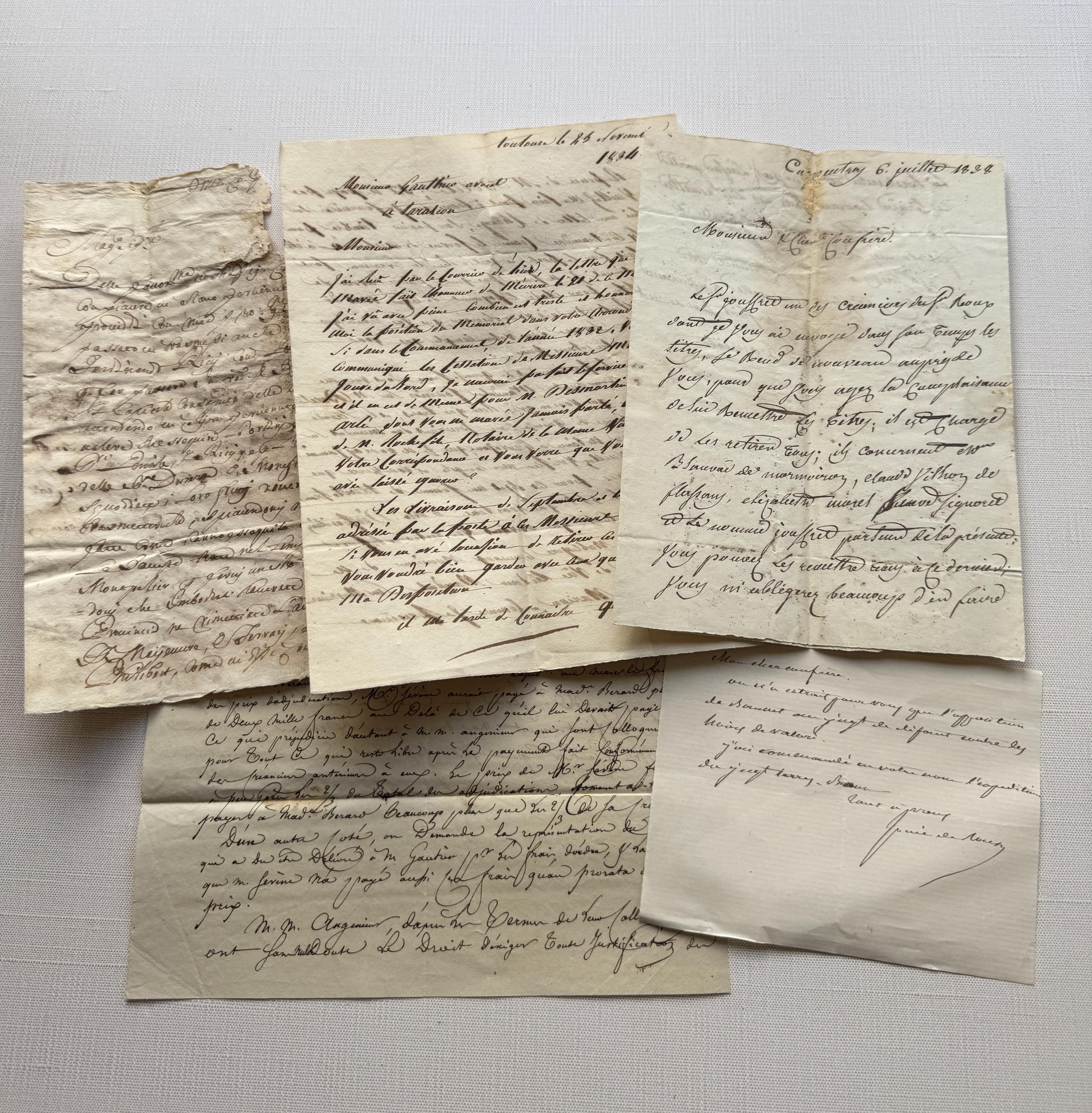 1800年代のフランスの手書きの手紙、アンティークの法的および個人的な
