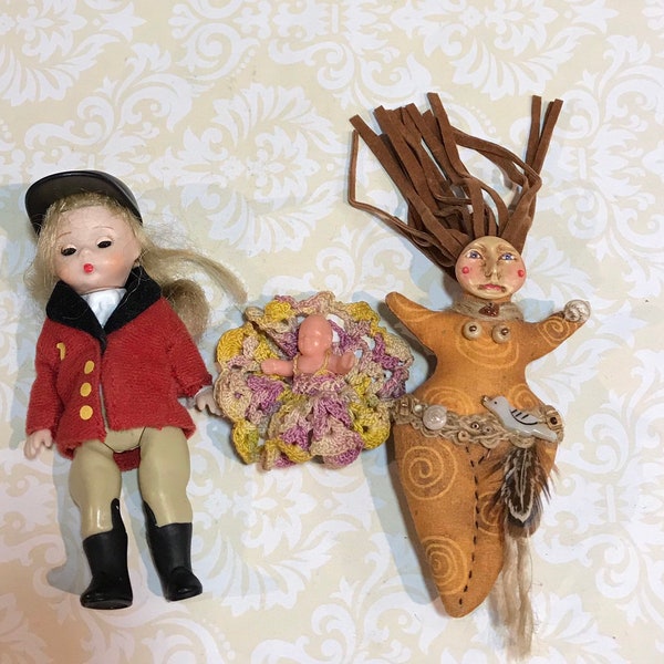 Vintage DOLL LOT-  Doll House Figures Handmade Doll Pin- Small Dolls- Plastic Fabric Dolls- Doll Brooch- Art Doll