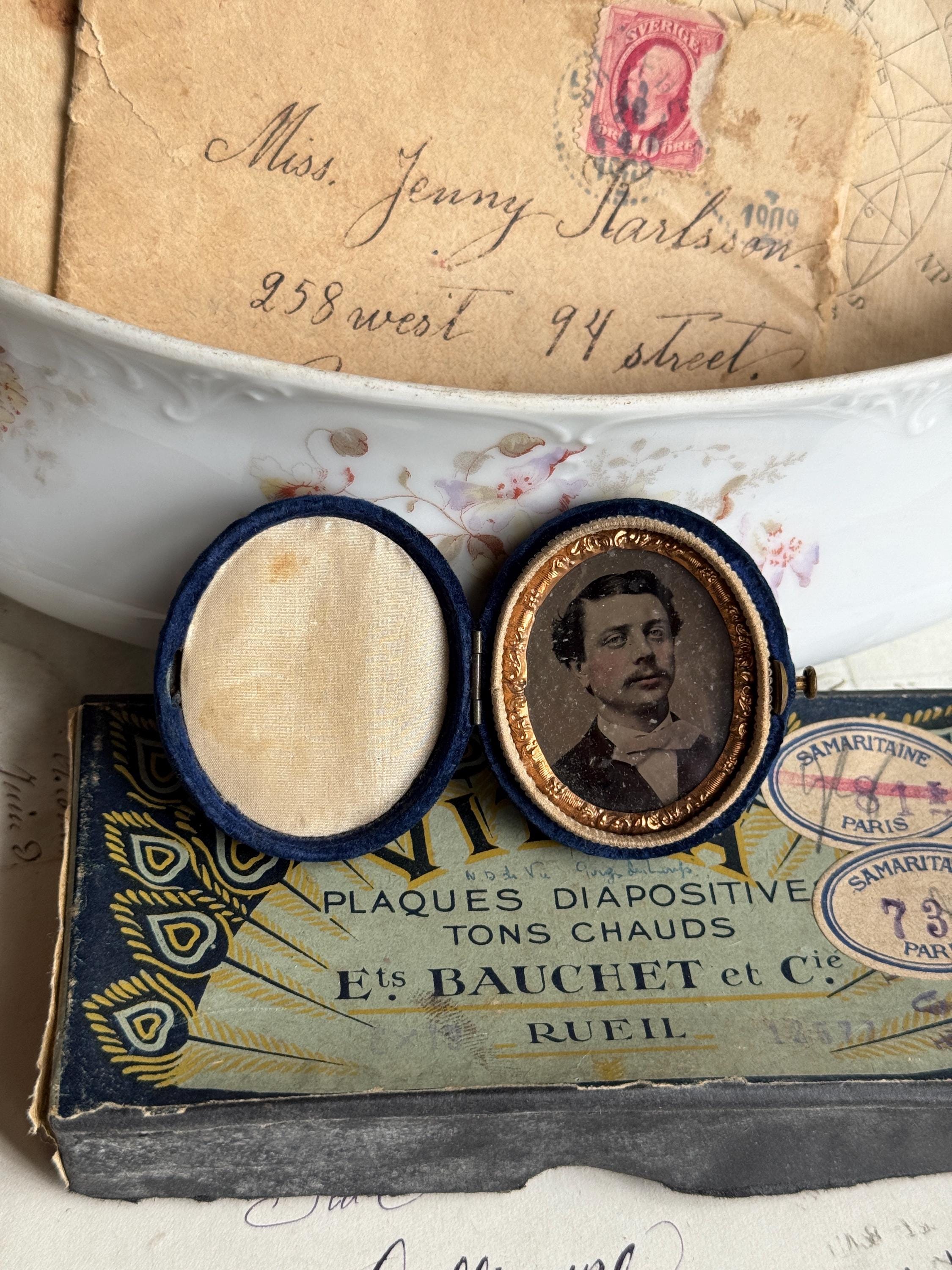 Antique Velvet Daguerreotype Case with Portrait of Man, Victorian Keepsake