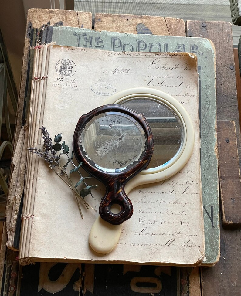 Vintage Hand Mirrors Celluloid Ivory Color and Wood Grain Etsy