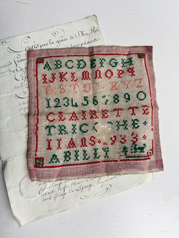 フランスアンティーク サンプラー クロスステッチサンプラー(1872) – France Antique 銀色アンティーク