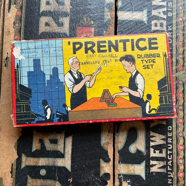 Vintage printer set- Prentice rubber type set- stempel pad- kleurrijke grafische reclame afbeelding- Steampunk business supply typografie