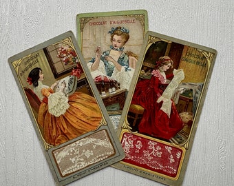 French Trade Cards from early 1900's D'Aiguebelle Chocolate Promo Item- Colorful Educational Cards Paper Ephemera- Sewing