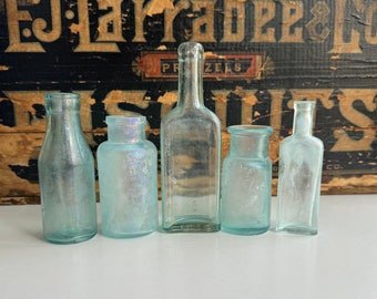 Antique Bottles- Seafoam Green Glass Vintage Bottle (5) Instant Collection Bottle Lot- Farmhouse Decor Old Bottles