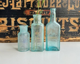 Antique Bottles- Seafoam Green Glass Vintage Bottle (3) Instant Collection Bottle Lot- Farmhouse Decor Old Bottles