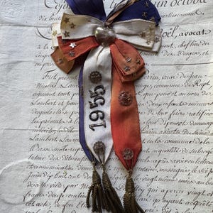 Vintage French Cocarde de Conscrit 1955 – Tricolor Ribbon Badge with Tassels