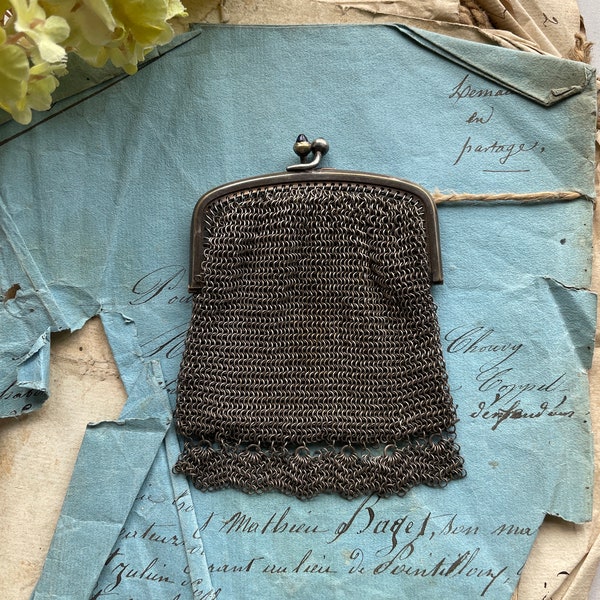 Antique Chatelaine Mesh Bag Miniature Chainmaille Mesh Purse Small Sized Purse Silver- Monnaie Pouch