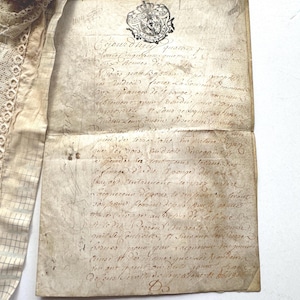 Antique French 1700's Noble Seal Document on Parchment, Elegant Cursive Script Writing, Paper Ephemera from France, Historical Manuscript
