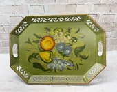 Vintage Green Tray with Fruit- Tole Painting Style- Metal Tray with Cut Out Sides