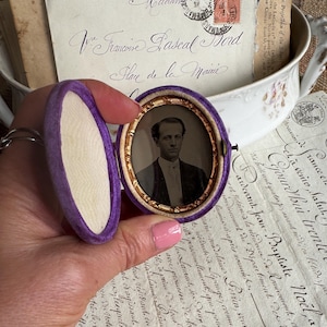 Antique Purple Velvet Daguerreotype Case with Portrait of a Man, Victorian Keepsake