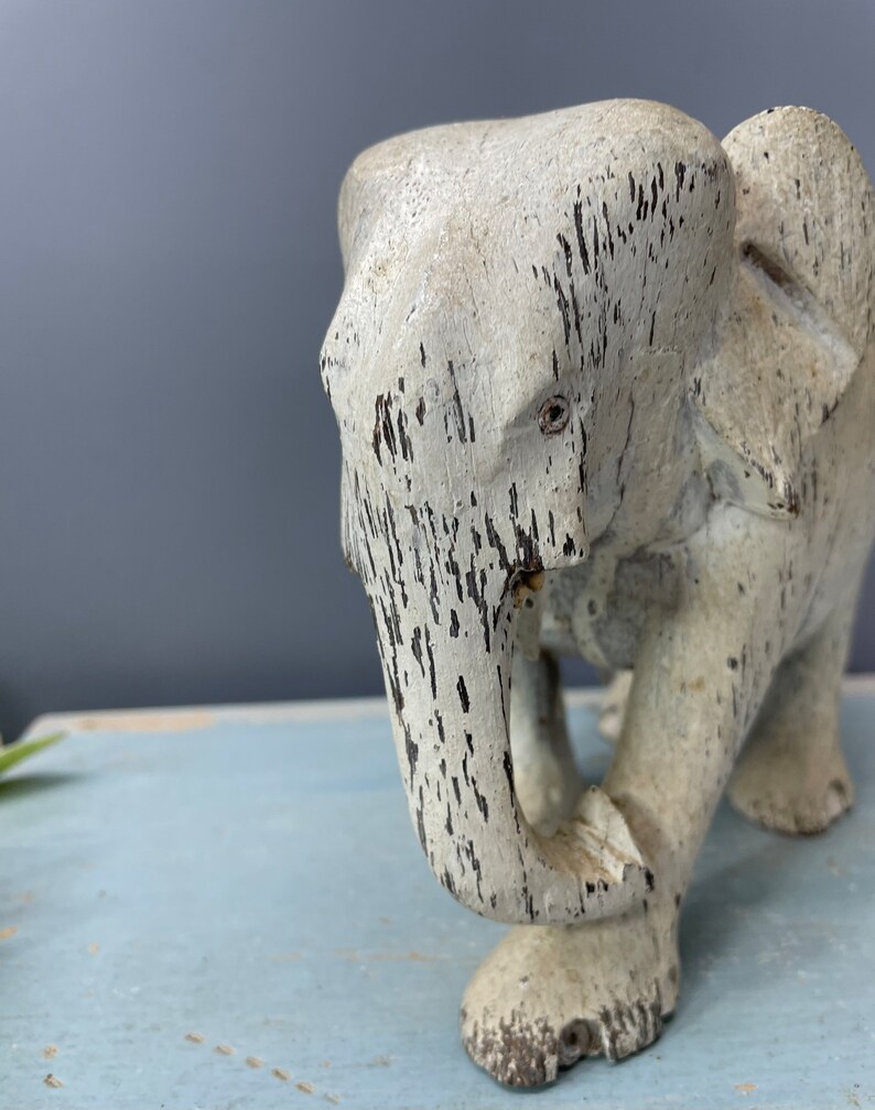 Wooden Elephant With White Shabby Paint Vintage Animal Etsy