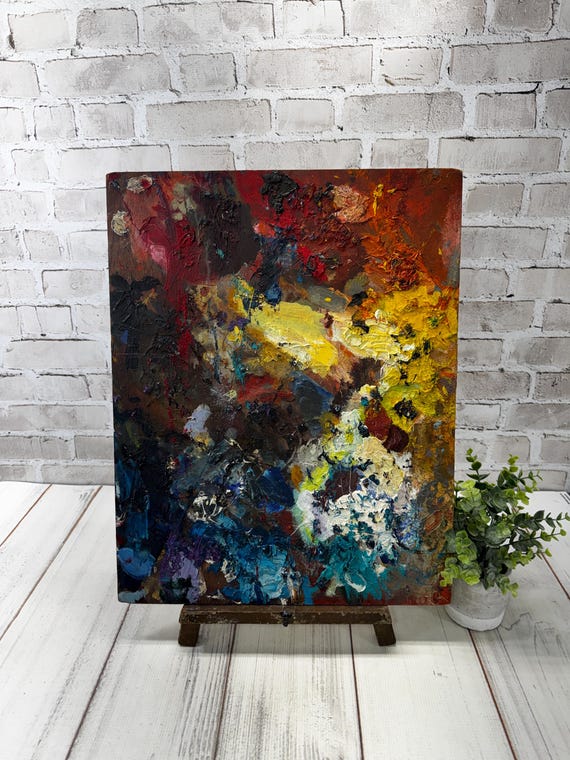 Vintage French Abstract Painting on Board- Expressive Textural Art- Artist Palette on Reverse