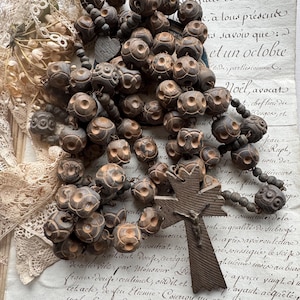 Large Carved Wood Rosary: Antique French Devotional Artifact