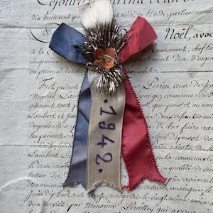 Vintage French Cocarde de Conscrit- Dated 1942 Tricolor Ribbon Badge with Tassels
