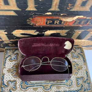 Vintage Eye Glasses in Hard Shell Case- Wire Rim Spectacles- Antique Eyewear
