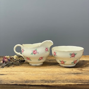 Vintage Adderley Open Sugar Bowl and Creamer- Fine Bone China England- Pink Roses- Shabby Farmhouse Kitchen- Gold Rim