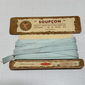 Vintage French Trim- Soupcon- Light Blue Ribbon Sewing Brocante Find- Fabrics and Notions- Cherub in Gold
