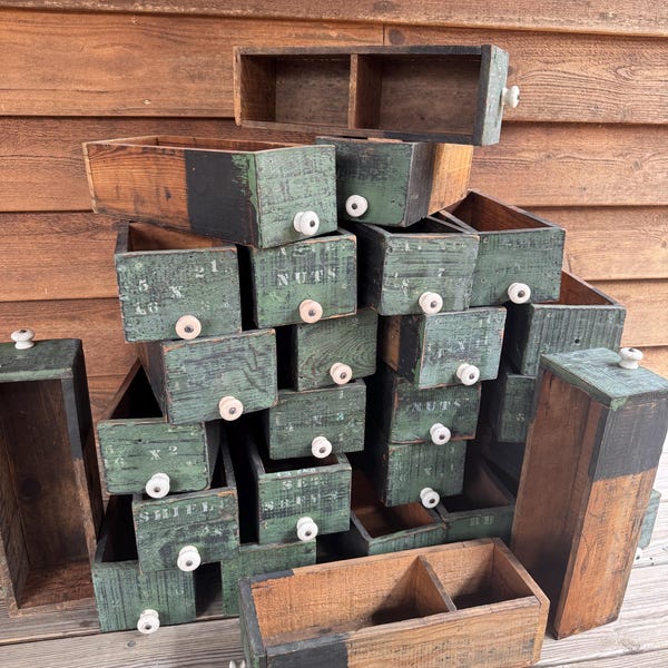 Vintage Wooden Drawer Box- Primitive Wood Cubby- Green Painted Front- Salvage Storage Rustic Container