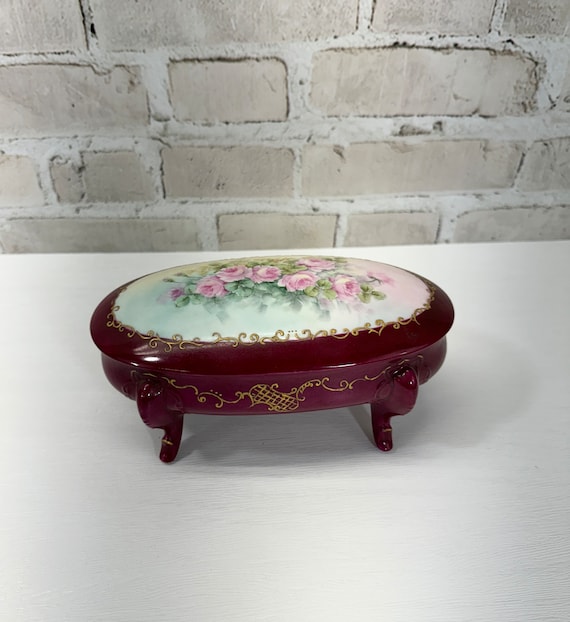 Antique Hand Painted Footed Oval Dish with Lid Sh… - image 7